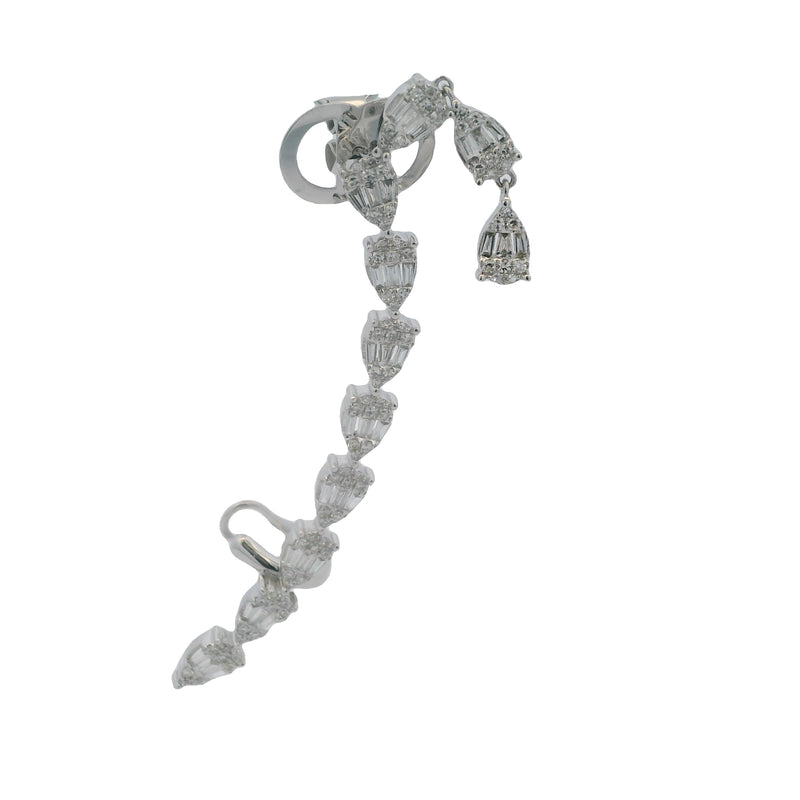 Solid 14kt White Gold and Baguette and Round Diamond Climber Single Dangle Earring with Cuff