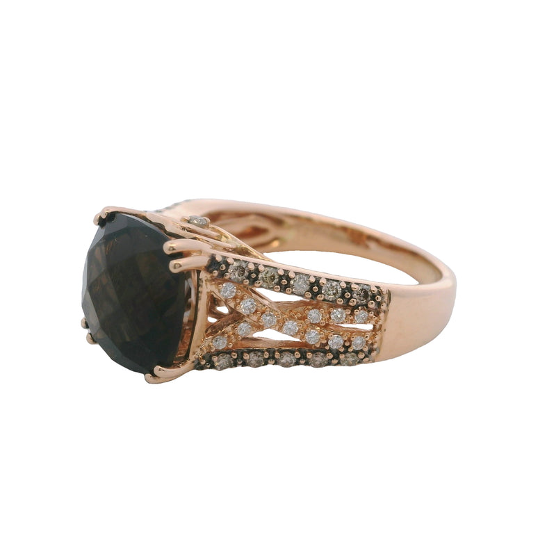 Le Vian Solid 14kt Rose Gold Checkerboard Smoky Quartz and Diamond Cocktail Ring Size 8