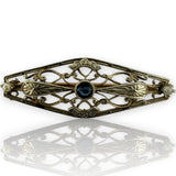 Ostby & Barton Co Antique 1930s 10kt Yellow and White Gold Filigree Brooch with Glass and Seed Pearls