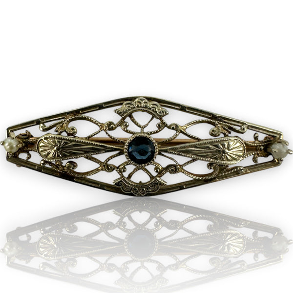 Ostby & Barton Co Antique 1930s 10kt Yellow and White Gold Filigree Brooch with Glass and Seed Pearls