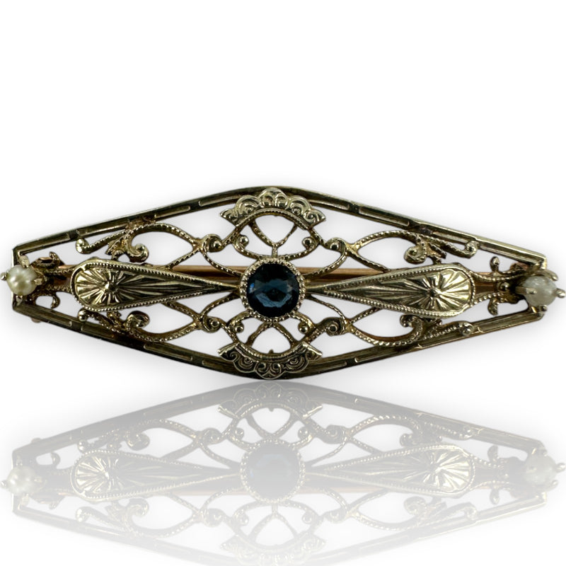 Ostby & Barton Co Antique 1930s 10kt Yellow and White Gold Filigree Brooch with Glass and Seed Pearls
