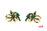 Vintage 1960-80s 18kt Yellow Gold Emerald Diamond Floral Ribbon Pierced Earrings