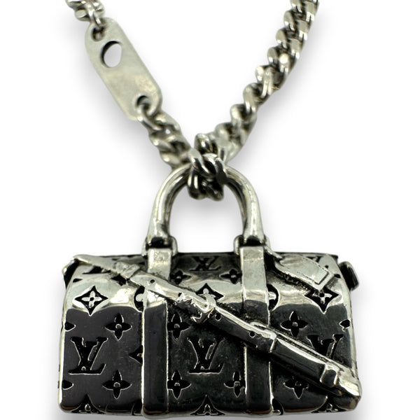 Louis Vuitton Silver Color LV Icons Necklace with Keepall Bag Pendant Monogram Pattern Engraving LV Motif Chain