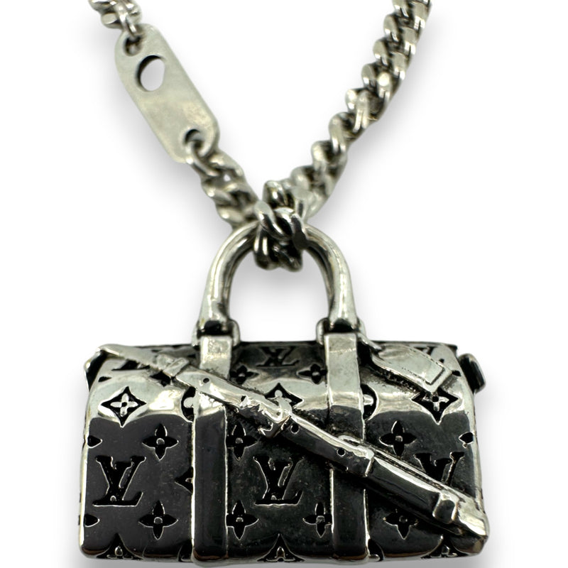 Louis Vuitton Silver Color LV Icons Necklace with Keepall Bag Pendant Monogram Pattern Engraving LV Motif Chain