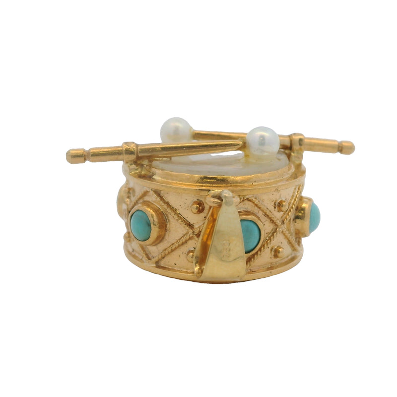 Sidra Jewels 18kt Yellow Gold Drum Pendant with Mother of Pearl, Turquoise, and Freshwater Pearls