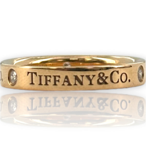 Tiffany & Co 18kt Rose Gold Band Ring with Tiffany Logo and 3 Round Brilliant Diamonds Size 5.5