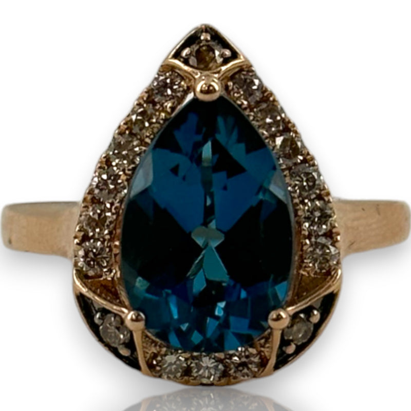 LeVian Signed Solid 14kt Strawberry Rose Gold and Pear Shaped Deep Sea Blue Topaz Ring with Diamond Halo Size 6.75