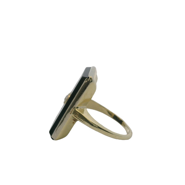Antique 1900-1910s 14kt Yellow Gold Onyx Shield Ring with Old Mine Diamond Size 3.75
