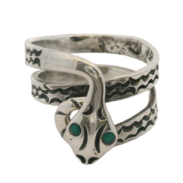 Mexican 925 Sterling Silver Coiled Snake with Turquoise Eyes Spiral Wrap Ring Size 9