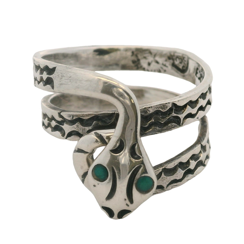 Mexican 925 Sterling Silver Coiled Snake with Turquoise Eyes Spiral Wrap Ring Size 9