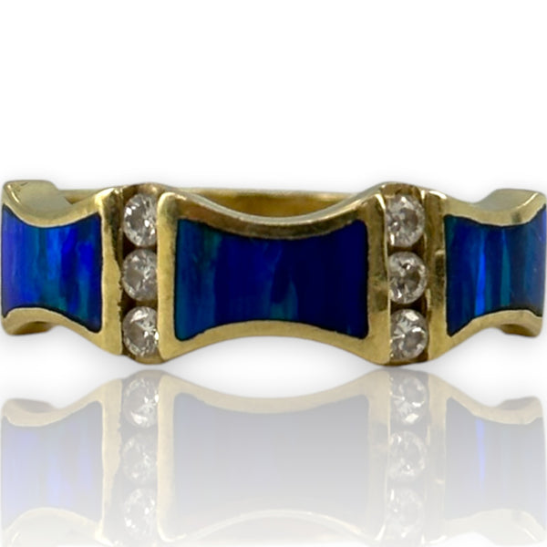 Solid 14kt Yellow Gold and Lab Black Opal Stackable Fashion Ring with 6 Diamonds Size 9.5