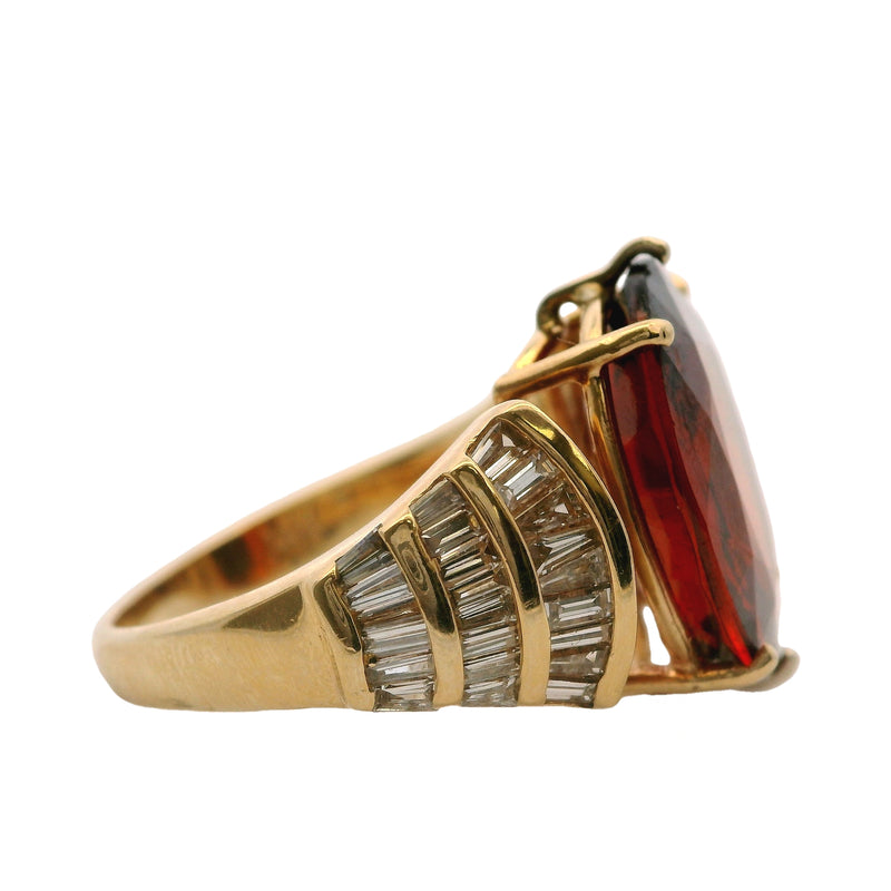 Vintage 1970-80s 14kt Yellow Gold Cocktail Ring with Large Madeira Citrine and Baguette Diamonds Size 7.5