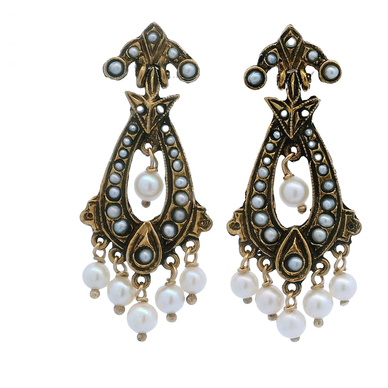 Vintage Victorian Revival 14kt Yellow Gold and Freshwater Seed Pearl Drop/Dangle Earrings