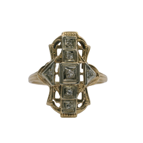 Vintage 1930-40s Late Deco 14kt Yellow Gold Geometric Diamond Dinner Ring Size 8.5