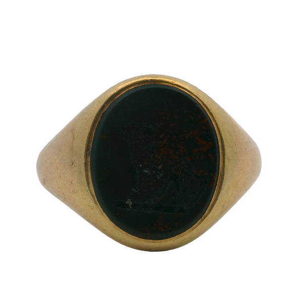 Antique Victorian Solid 18kt Yellow Gold and Bloodstone Engraved Ran Emblem Signet Wax Seal Ring Size 5.75