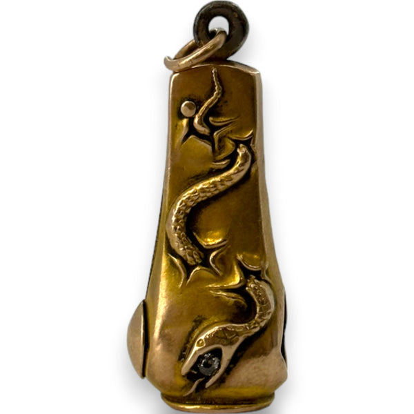 Antique Late Victorian 10kt Yellow Gold Pocket Watch Chain Fob Cigar Cutter Snake Detail with Paste Glass Charm Pendant