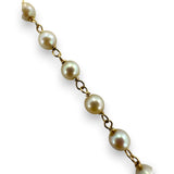 Vintage 1930s-50s Victorian Revival 14kt Solid Yellow Gold Delicate Pearl Station Necklace with Gold Openwork, Blue Enamel, and Pearl Drop Center