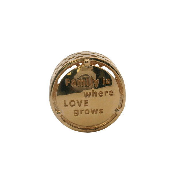 Charm deslizante Pandora de oro amarillo macizo de 14 kt 585 con raíces familiares caladas