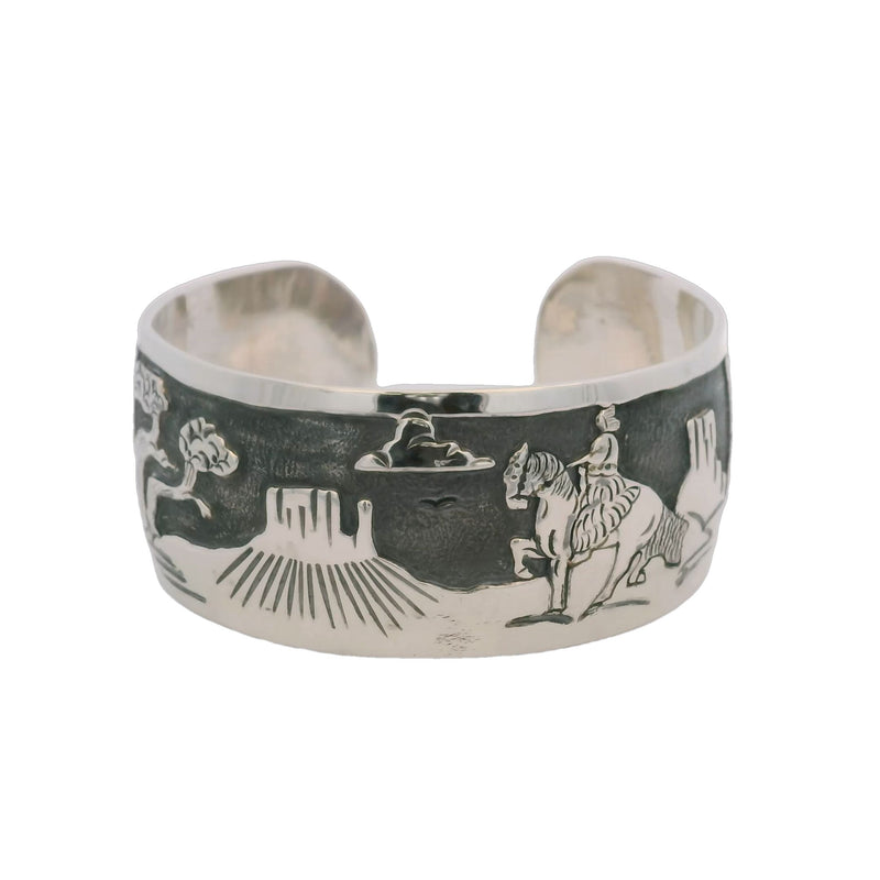 Vintage 1980s Southwest Navajo Native American M. Martinez Detailed Landscape Bracelet of Monument Valley, AZ