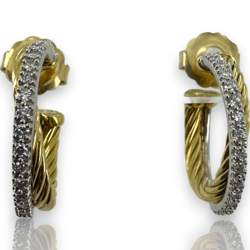 David Yurman Solid 18kt Yellow Gold Crossover 23mm Hoop Cable Earrings with 0.34ctw of Diamonds in Original Pouch