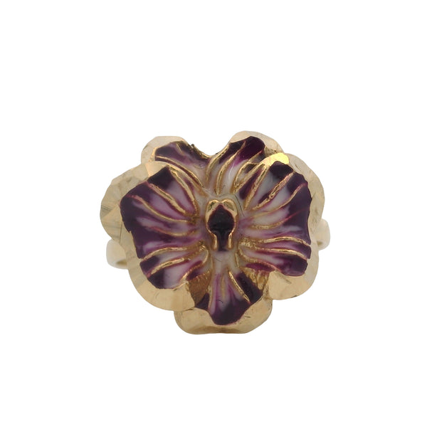 Dyadema Solid 14kt Yellow Gold and Purple Enamel Modern Pansy Ring Size 7