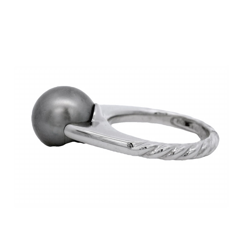 David Yurman Retired Solid 18kt White Gold Tahitian Black Pearl Solitaire Ring with Twisted Rope Style Band Size 6