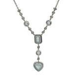 Solid 18kt White Gold 16" Necklace with Heart, Rectangular, and Round Cut Light Blue Topaz 1.7" Drop Pendant and Diamond Accents