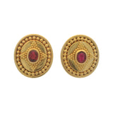 Vintage Greek Solid 22k Yellow Gold and Oval Lab Ruby Byzantine Style 8.3g Stud Earrings