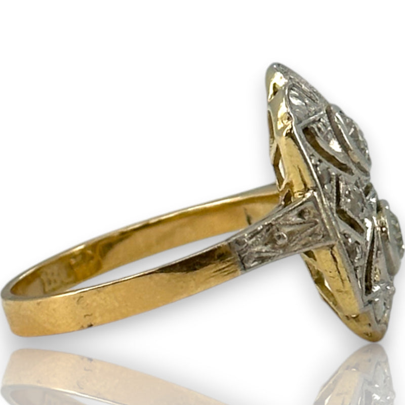 Antique 1900-1920 18kt Yellow and White Gold 2-Stone Old Mine Cut Diamond Dinner Ring with Diamond Chip Accents Size 6.5