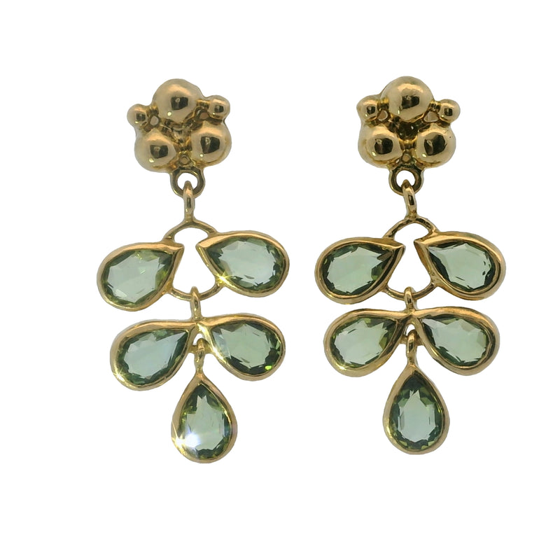 18kt Yellow Gold and Green Pear Tourmaline Leaf Drop/Dangle Earrings