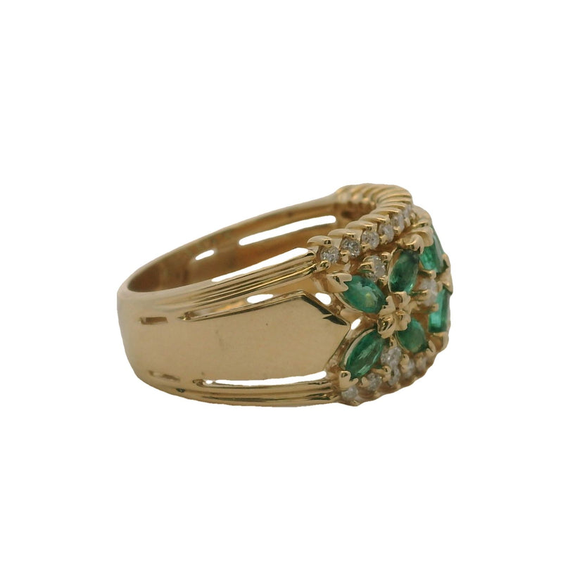 Vintage Solid 14kt Yellow Gold, Emerald, and Diamond Floral Motif Cluster Cocktail 11.5mm Wide Band Ring Size 7