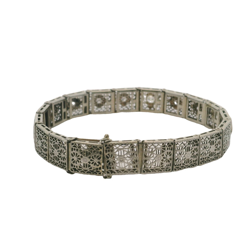 Estate Diamond Filigree Accent 14K 585 White Gold Pierced Bracelet
