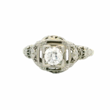 Antique 1910-20s Solid 18kt White Gold and Transitional Cut Diamond Solitaire Filigree Ring with Small Floral Details Size 7