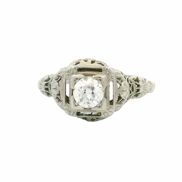 Antique 1910-20s Solid 18kt White Gold and Transitional Cut Diamond Solitaire Filigree Ring with Small Floral Details Size 7