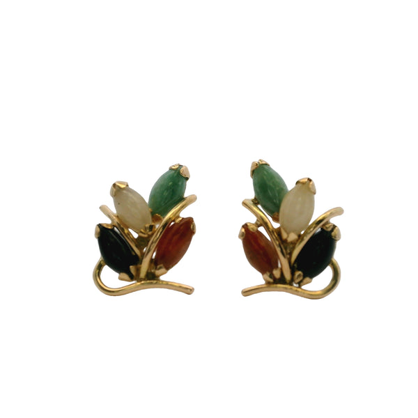 Vintage 14kt Yellow Gold and Multicolored Jadeite Leaf Nature Stud Earrings