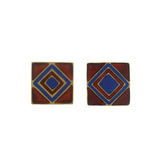 Vintage Solid 18kt Yellow Gold and Blue and Red Enamel Stud Earrings