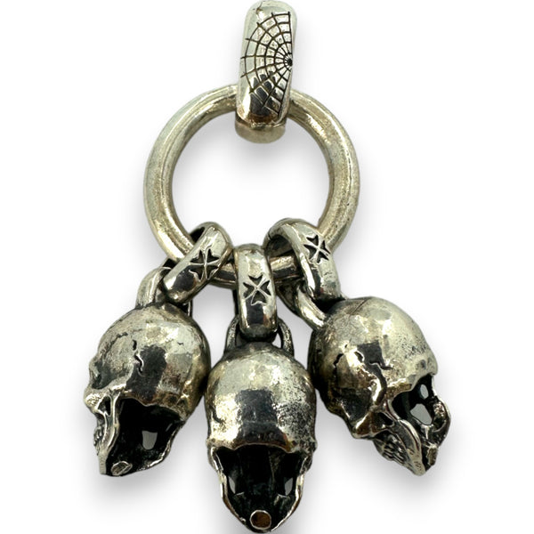 Triple Skulls Dangle Charm Pendant with Spiderweb Detail 925 Sterling Silver