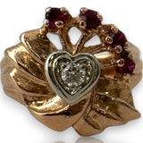 Vintage Retro 1940s Solid 14kt Rose Gold Cocktail Ring with Heart-Set Diamond and Accent Rubies Size 5.25