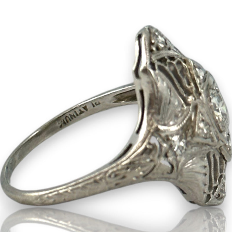 1920s 900 Platinum Art Deco Era Filigree 18mm Dinner Ring with 0.32ctw Diamonds and Milgrain Openwork Details Size 5.75