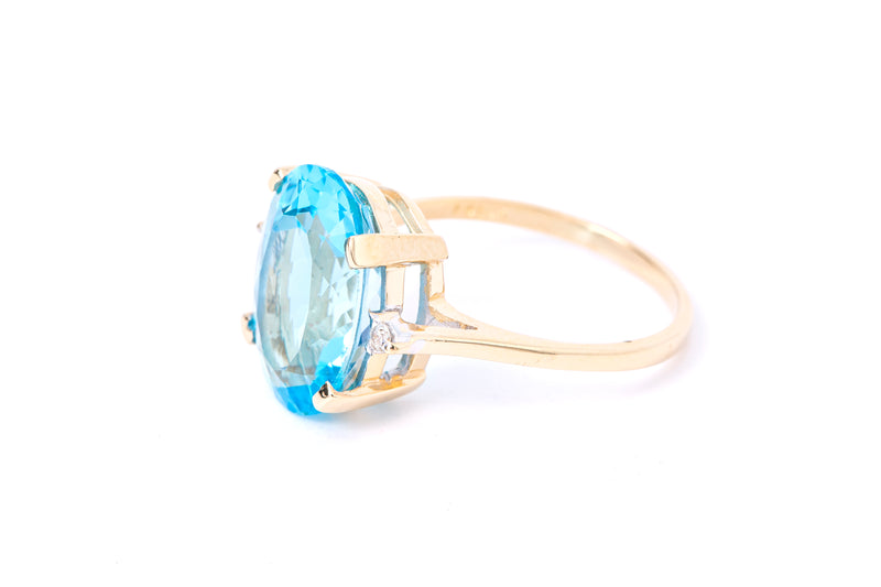 Vintage Blue Topaz & Diamond Accent Cocktail Band 14K 585 Yellow Gold Ring Size 6 3/4