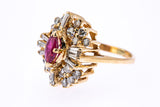 Vintage 1950-70s Natural Ruby Baguette Diamond Cocktail Cluster 14K 585 Yellow Gold Ring Sz 4 3/4