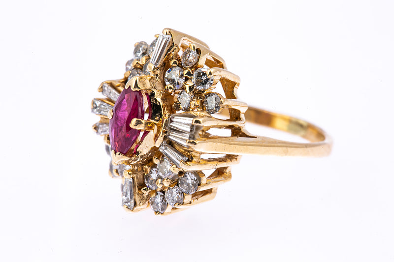 Vintage 1950-70s Natural Ruby Baguette Diamond Cocktail Cluster 14K 585 Yellow Gold Ring Sz 4 3/4