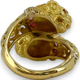 Vintage 1970-80s Victorian Revival Solid 18kt Yellow Gold Two-Headed Lion Ring with Rubies Size 4.5