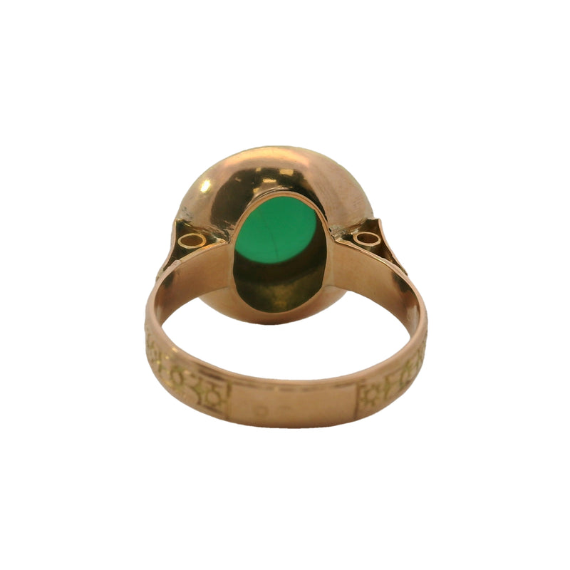 Antique Late Victorian Etruscan Revival 18kt Yellow Gold and Dyed Chalcedony Solitaire Ring Size 7