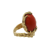 Italian 1980s Brutalist 18kt Yellow Gold and Cabochon Coral Textured Cocktail Ring Size 6