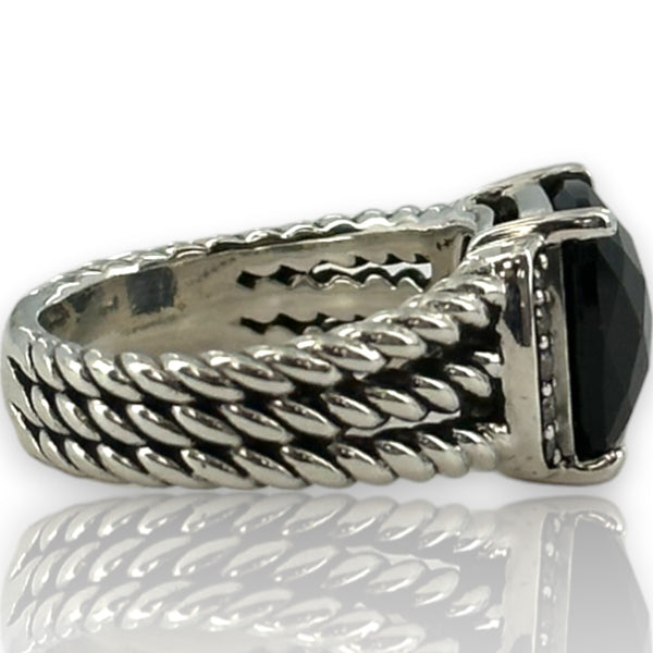David Yurman 925 Sterling Silver Petite Wheaton Ring with Black Onyx and Diamonds