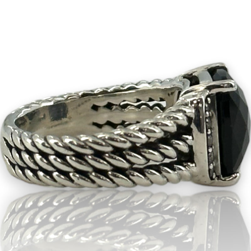 David Yurman 925 Sterling Silver Petite Wheaton Ring with Black Onyx and Diamonds
