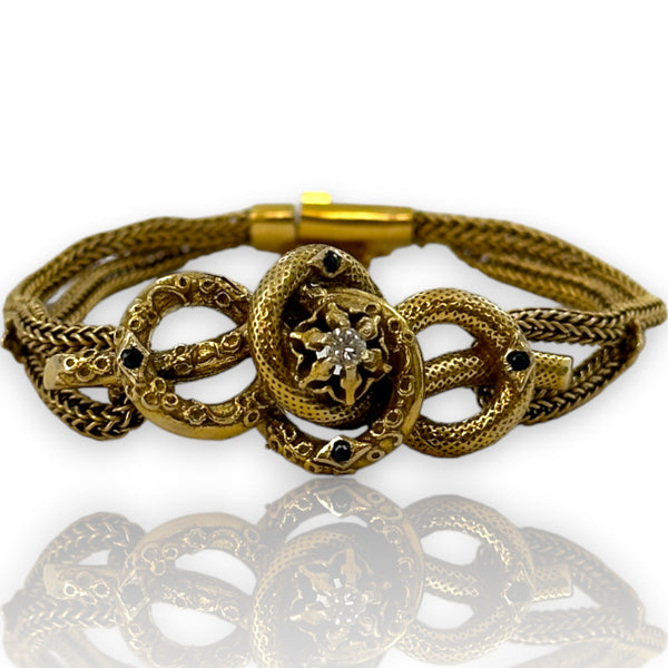 Antique Late Victorian Handmade 14kt Yellow Gold Love Knot/ Snake Bracelet with Center Modern Diamond and Accent Sapphires