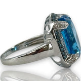 QCD Large Oval Blue Topaz & Diamond Halo Accent 14K 585 White Gold Ring Size 9
