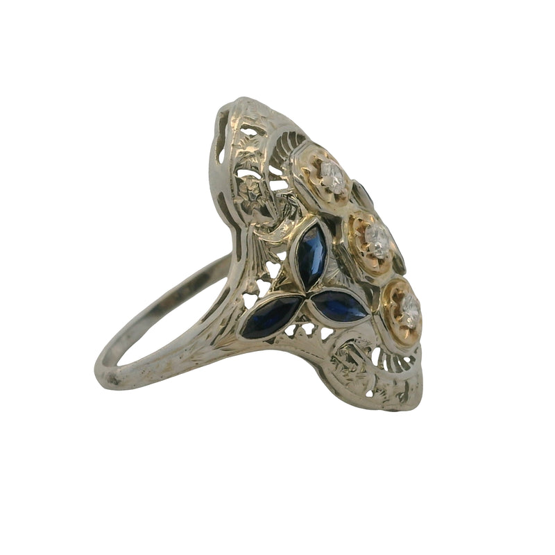 Vintage Art Deco Revival Solid 18kt White Gold, Diamond, and Lab Sapphire Dinner Ring Size 6.75